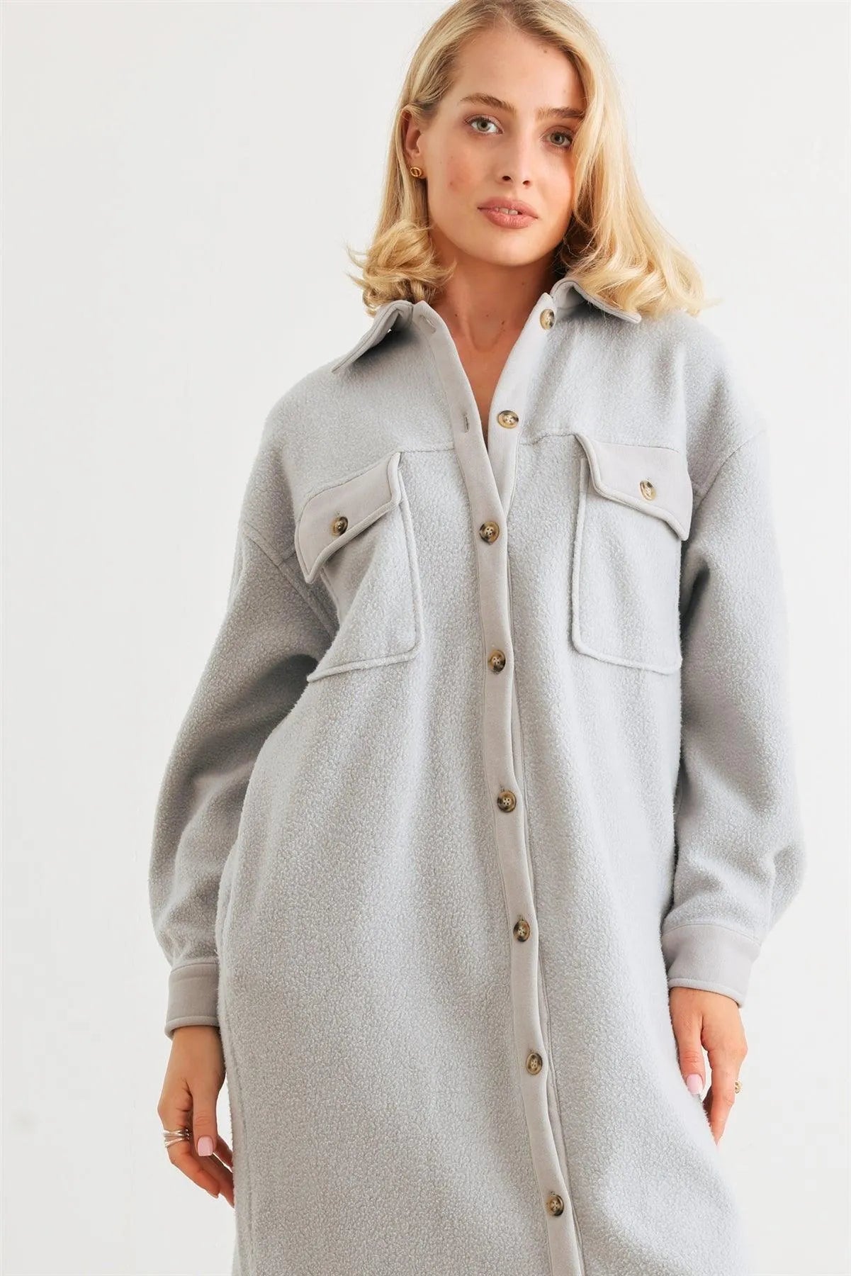 Light Blue Cotton Blend Button-Up Four Pocket Collared Neck Long Sleeve Coat /1-2-2-1 - Tasha Apparel Wholesale