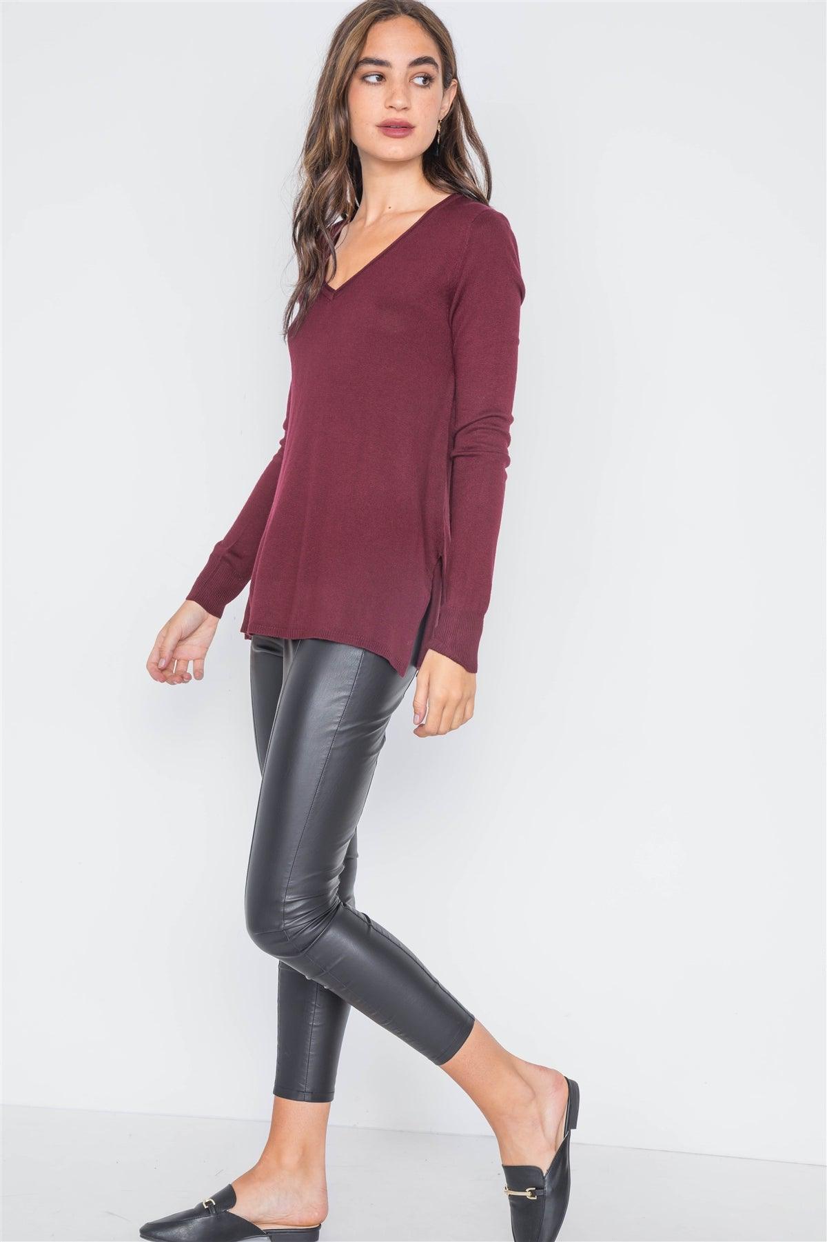 Burgundy Knit Casual V-Neck Solid Sweater