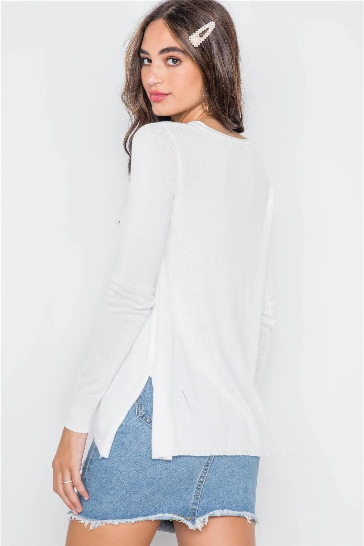 Ivory Knit Casual V-Neck Solid Long Sleeve Sweater - Tasha Apparel Wholesale