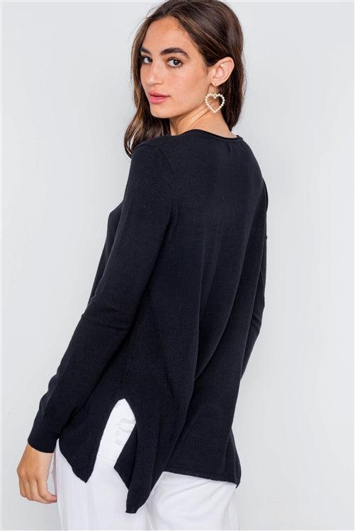 Black Knit V-Neck Casual Solid Long Sleeve Lightweight Sweater
