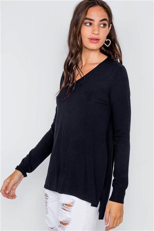 Black Knit V-Neck Casual Solid Long Sleeve Lightweight Sweater