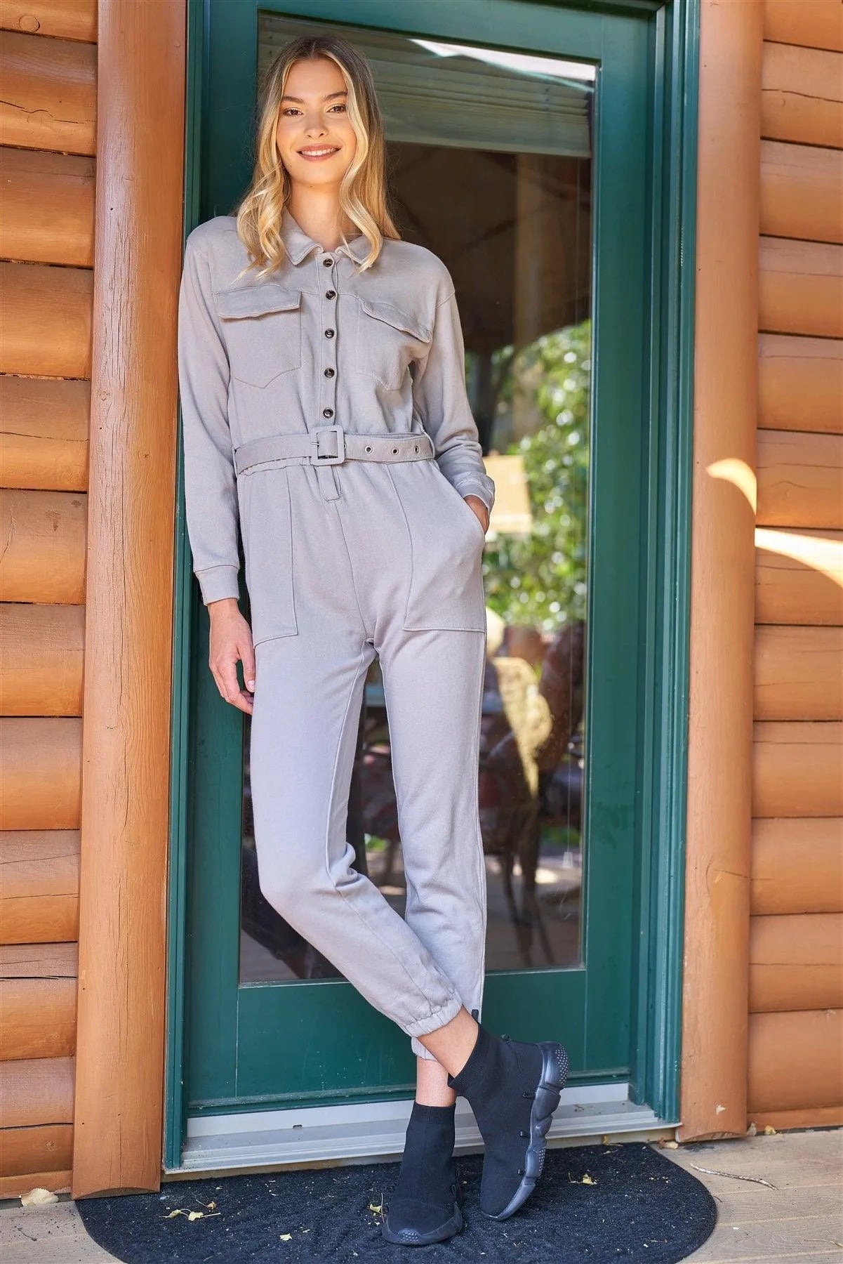 Decorator Light Grey Button-Down Long Sleeve Belted Utility Jumpsuit /3-2-1 - Tasha Apparel Wholesale