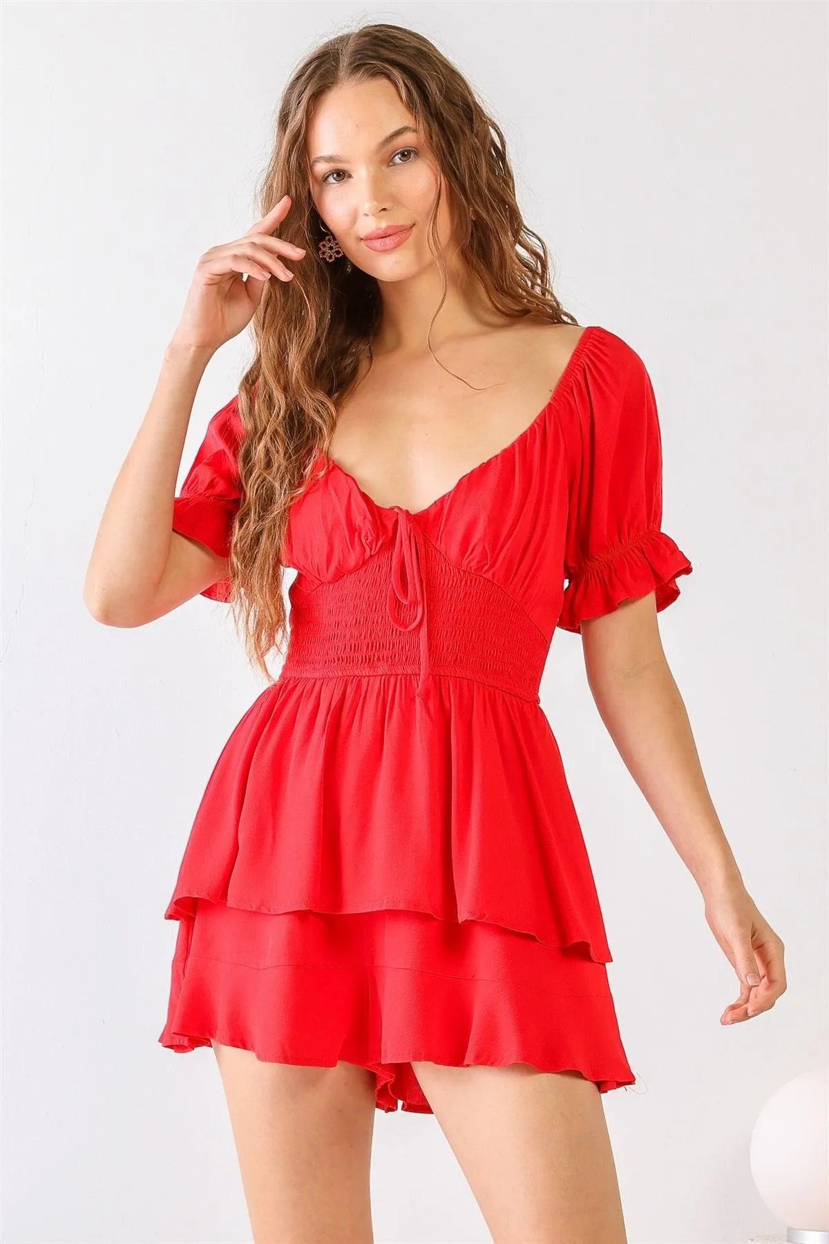 Smocked Shape Heart Neck Short Sleeve Tired Romper - Tasha Apparel Wholesale