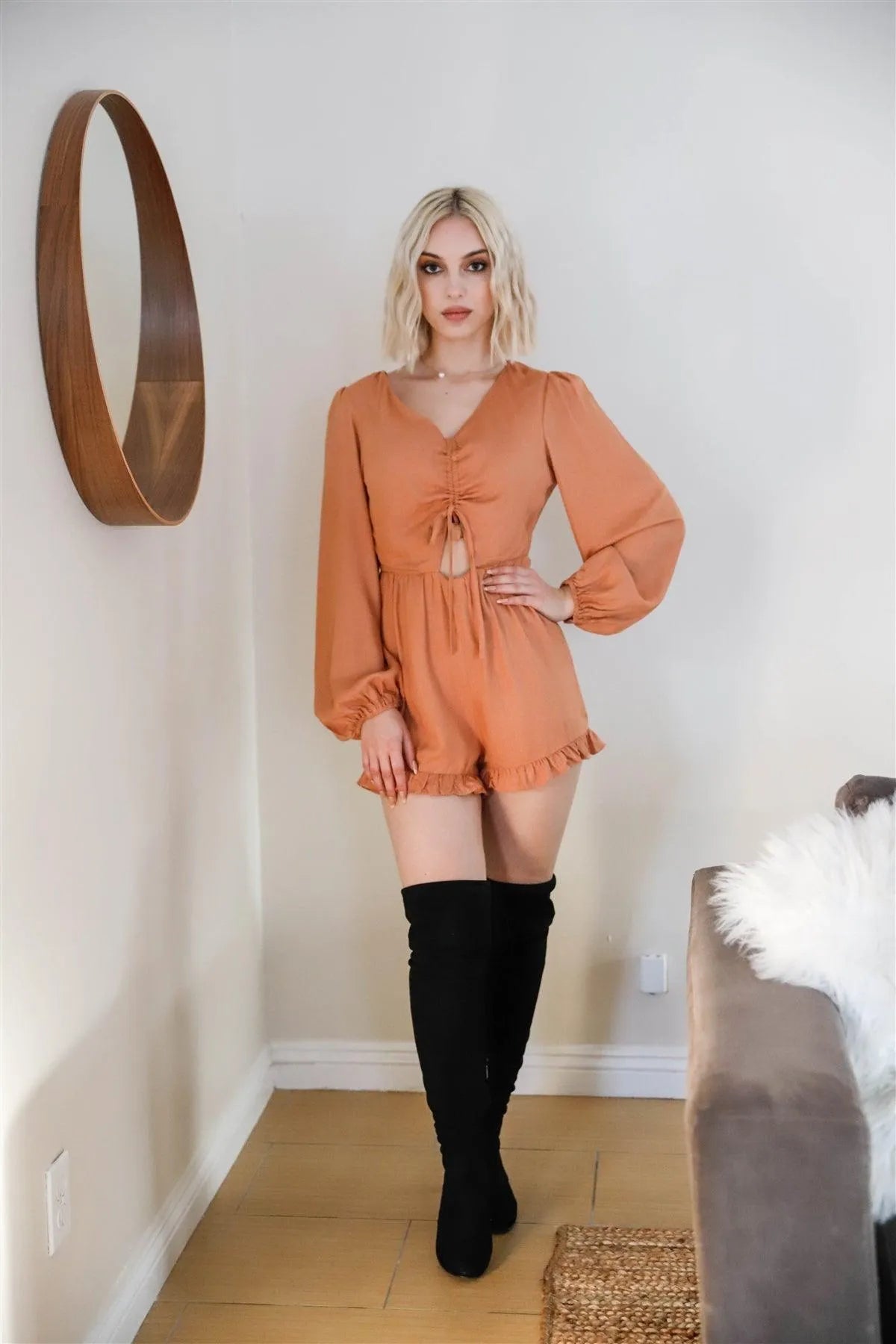 Camel Shiny Effect Front Ruched Cut-Out Detail Ruffle Hem Romper /3-2-1 - Tasha Apparel Wholesale