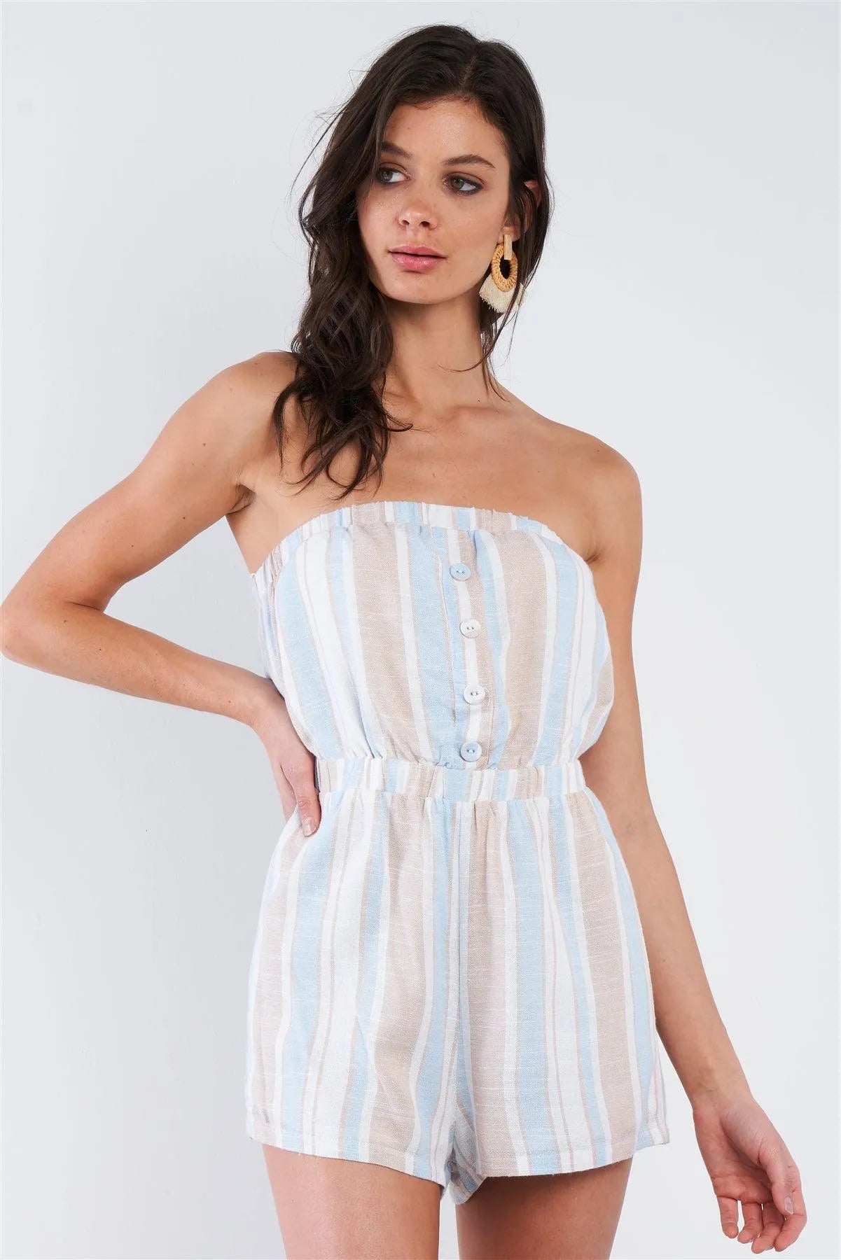White Light Blue Taupe Tube Top Mini Short Romper - Tasha Apparel Wholesale