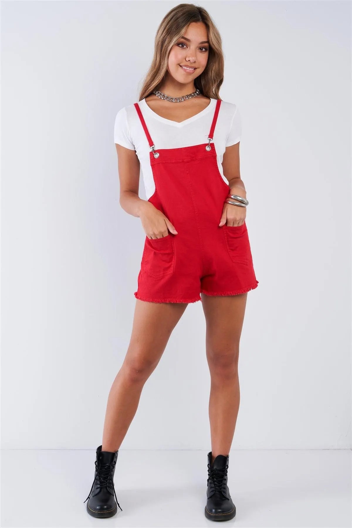 Fringe Hem Adjustable Straps Overall Romper - Tasha Apparel Wholesale