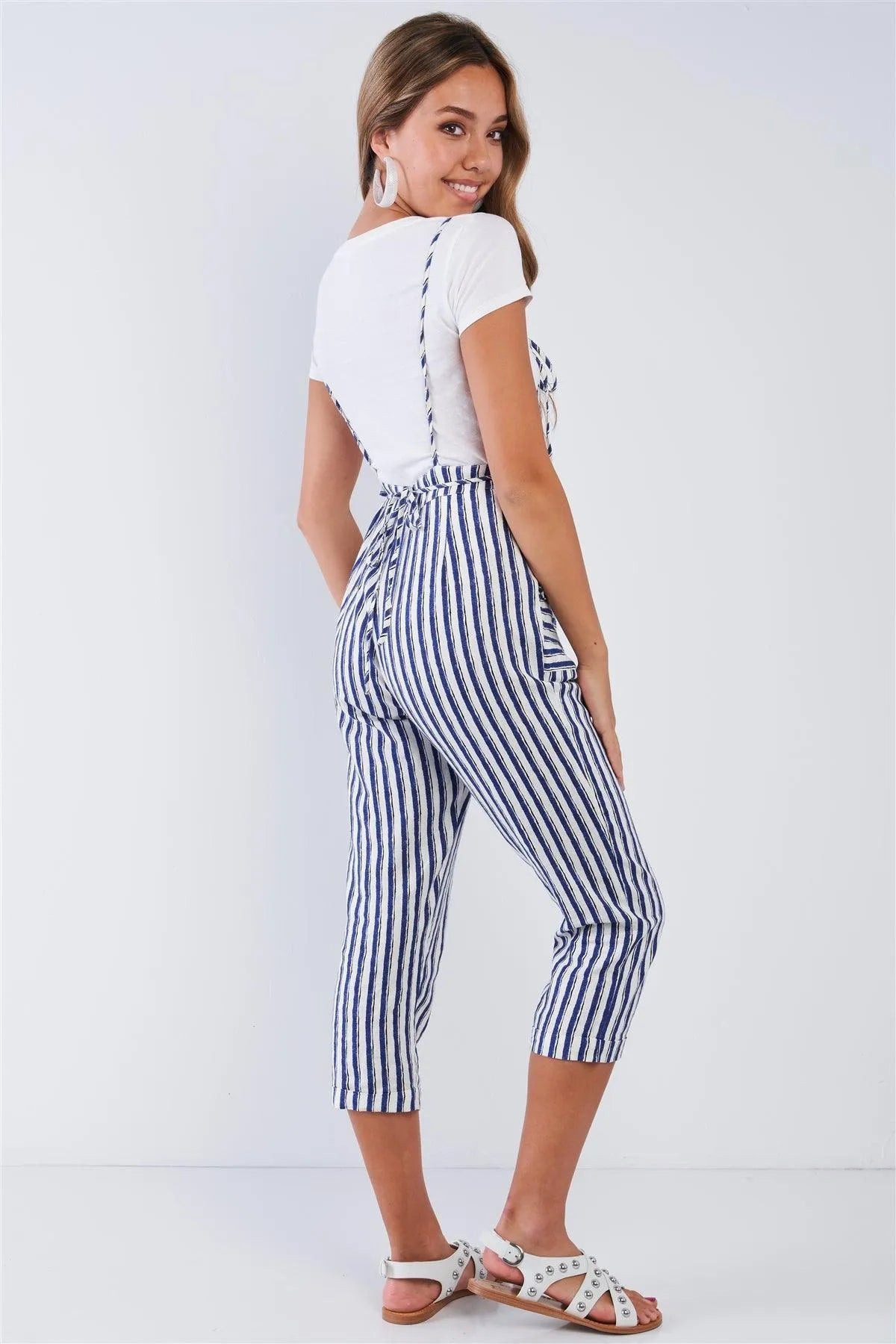 Striped Linen Ivory & Blue Self-Tie Spaghetti Strap Jumper - Tasha Apparel Wholesale