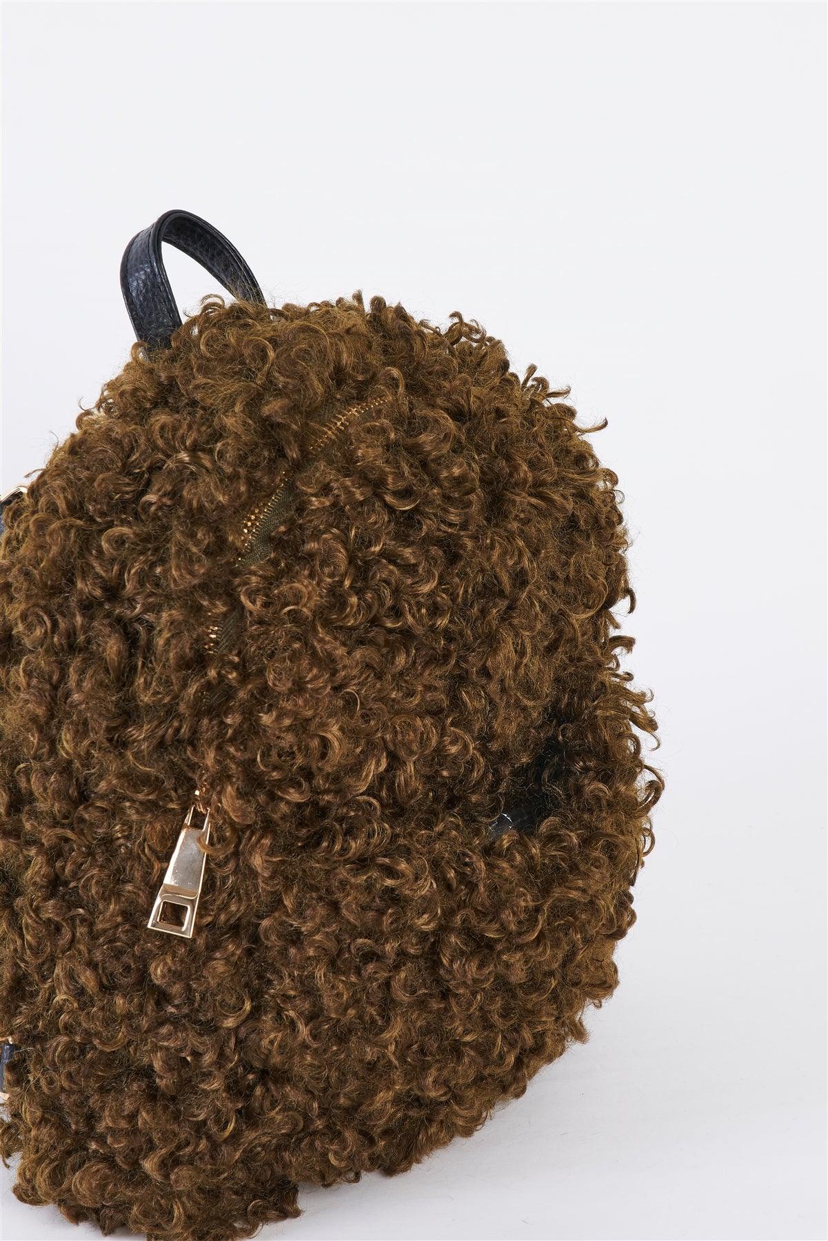 Olive Fuzzy Faux Fur Teddy Bear Mini Backpack /1 Bag