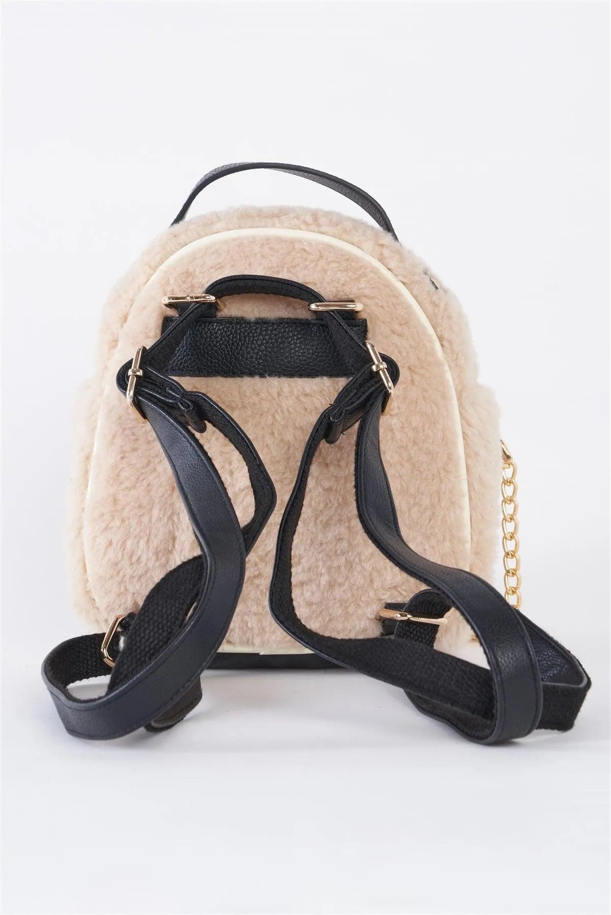 Ivory Faux Shearling Mini Teddy Bear Backpack With Chain Detail /3 Bags - Tasha Apparel Wholesale