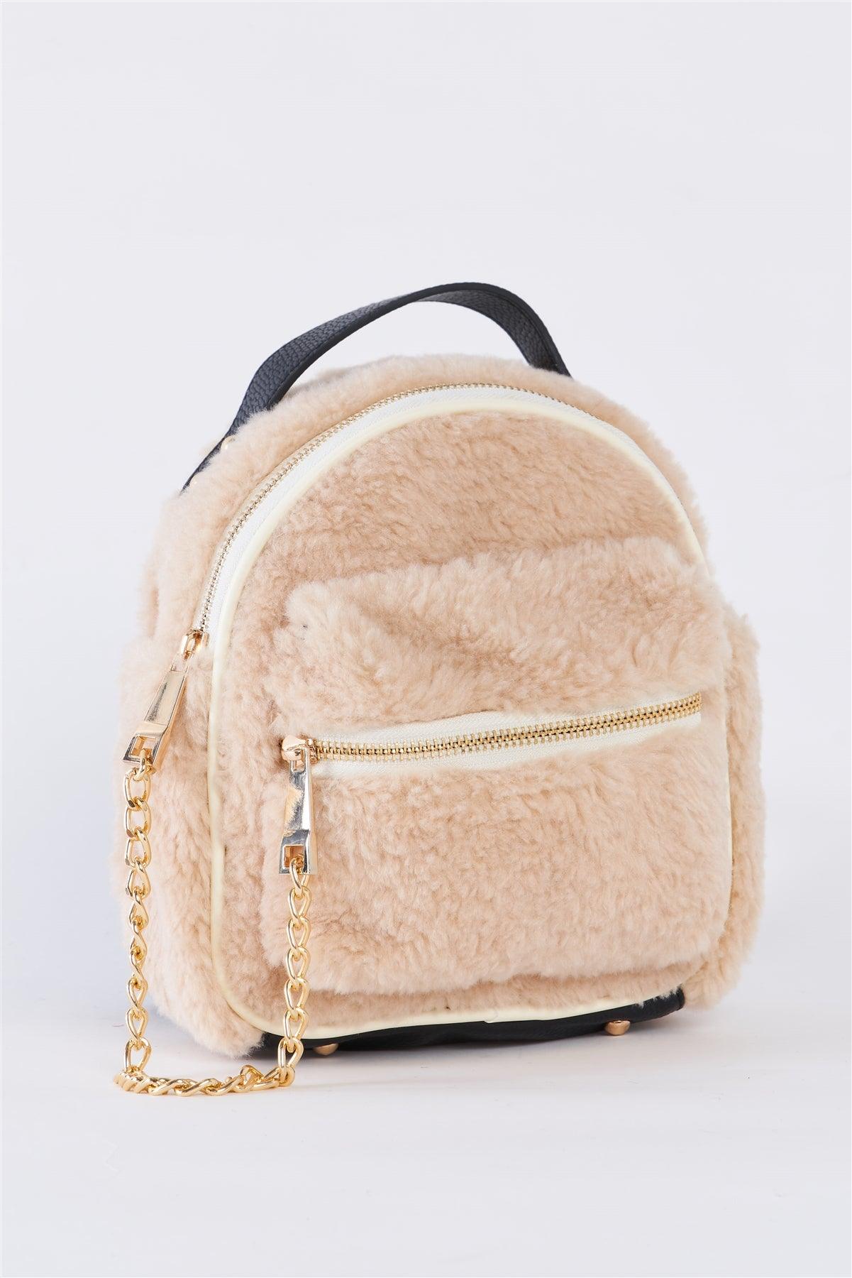 Ivory Faux Shearling Mini Teddy Bear Backpack With Chain Detail /1 Bag