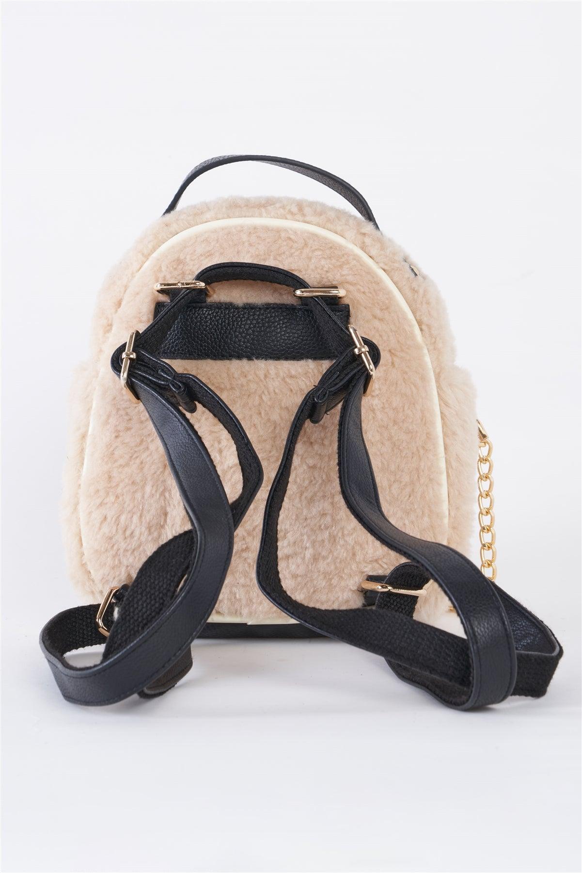 Ivory Faux Shearling Mini Teddy Bear Backpack With Chain Detail /1 Bag