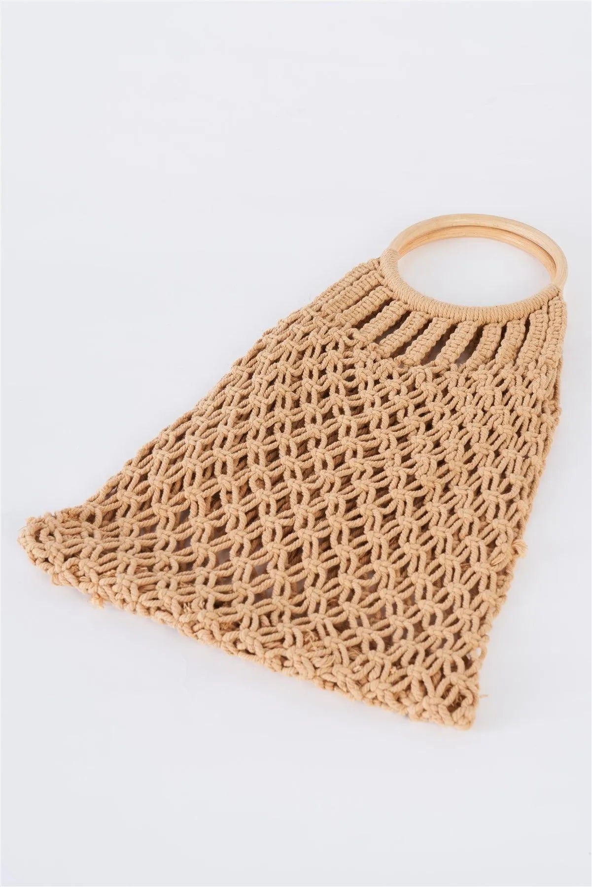 Taupe Net Front Cable Fringe Wooden Handle Bag /3 Bags - Tasha Apparel Wholesale