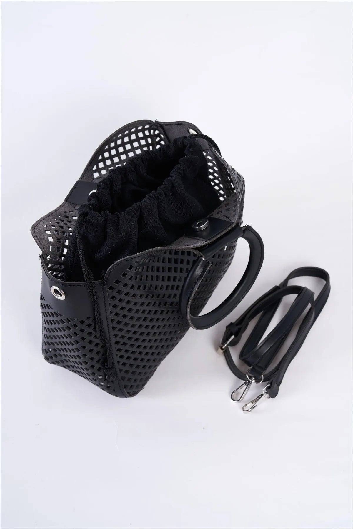 Black Cloth Double Layered Faux Leather Mesh Hidden Magnetic Snap Button Closure Crossbody Handbag / 3 Bags - Tasha Apparel Wholesale