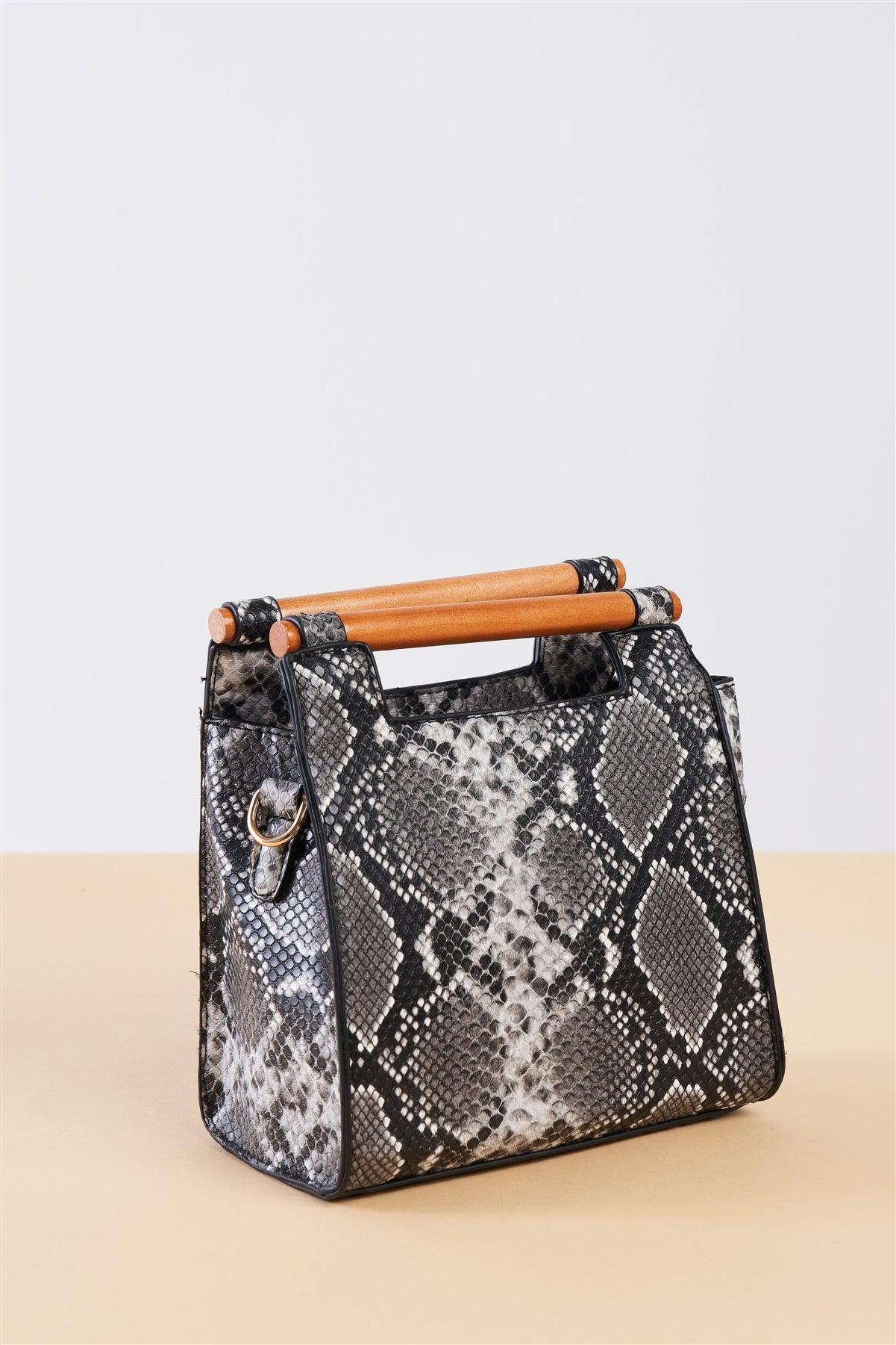Black And White Vegan Python Snake Print Mini Handbag With Bamboo Trim /1 Bag