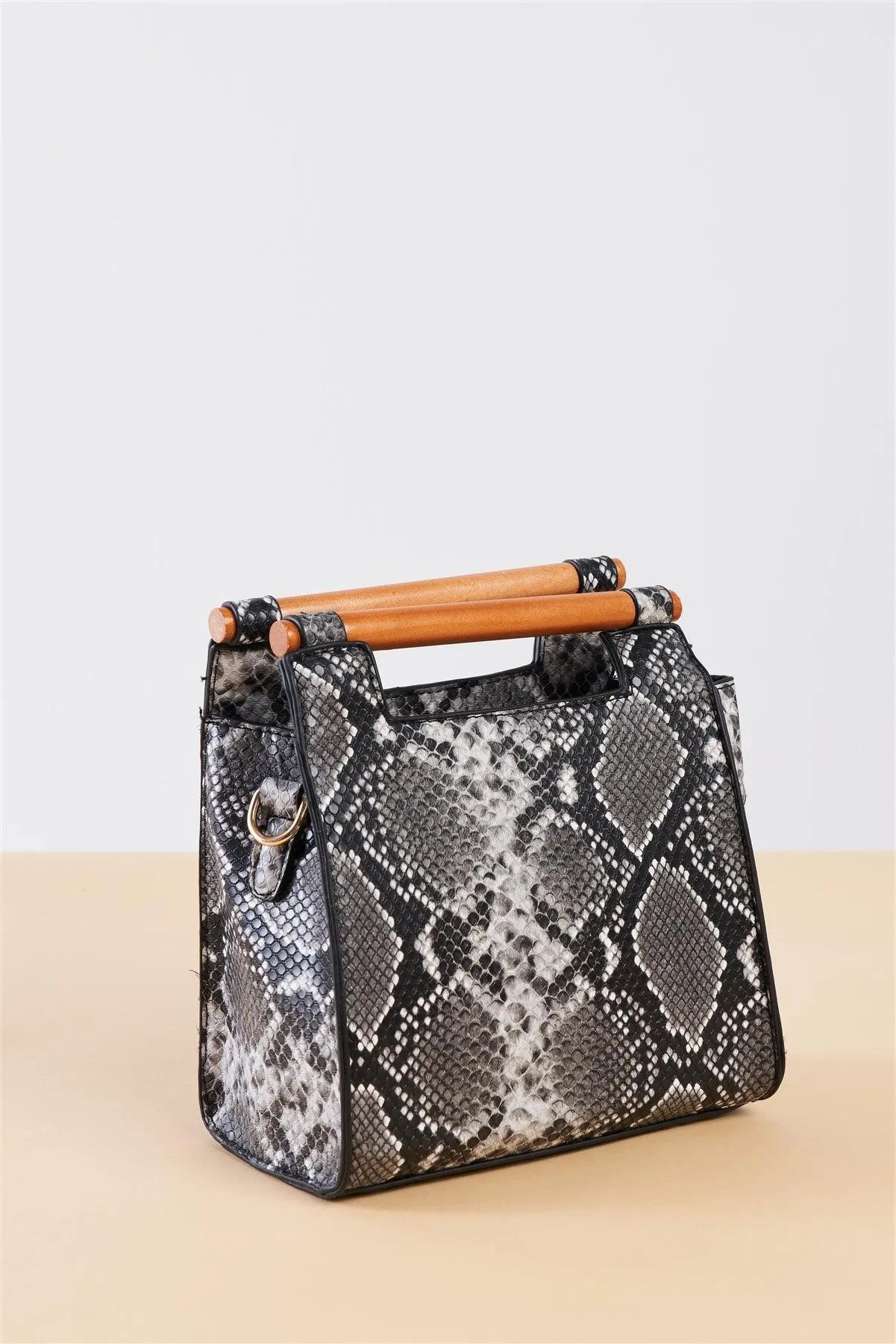 Black And White Vegan Python Snake Print Mini Handbag With Bamboo Trim /3 Bags - Tasha Apparel Wholesale