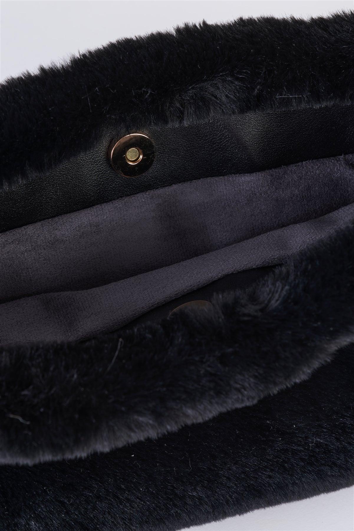 Black Faux Fur Hidden Magnetic Snap Button Closure Crossbody Bag / Clutch With Hidden Hand Strap Loop / 1 Bag