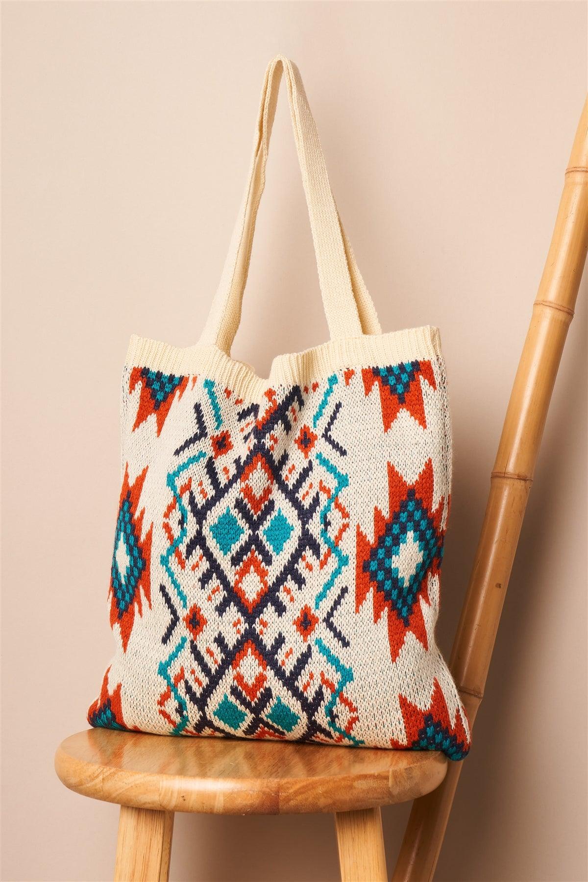 Ivory Orange Blue Tribal Print Knit Boho Tote Bag /1 Bag