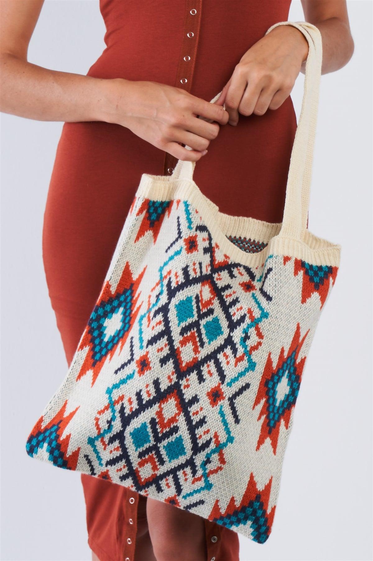 Ivory Orange Blue Tribal Print Knit Boho Tote Bag /1 Bag