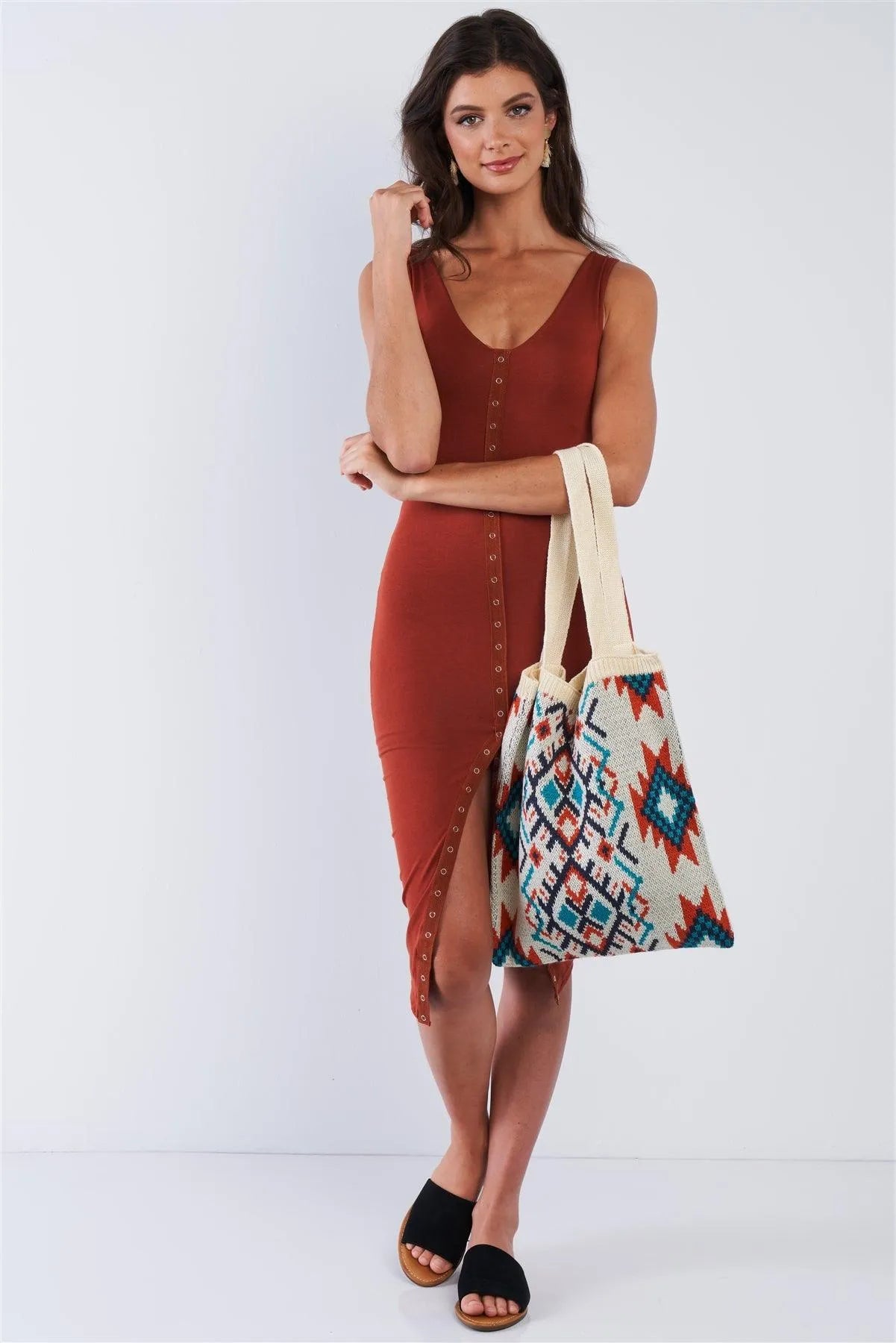 Ivory Orange Blue Tribal Print Knit Boho Tote Bag /1 Bag - Tasha Apparel Wholesale