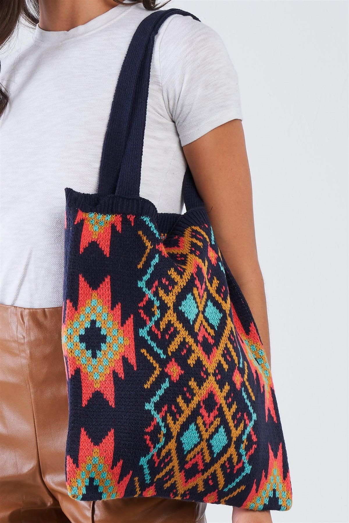 Navy Multi-Colored Tribal Print Knit Boho Tote Bag /1 Bag