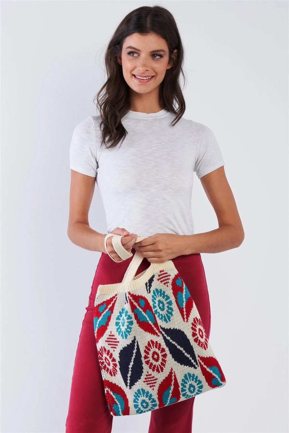Ivory Abstract Leaf Pattern Knit Boho Tote Bag /3 Bags - Tasha Apparel Wholesale