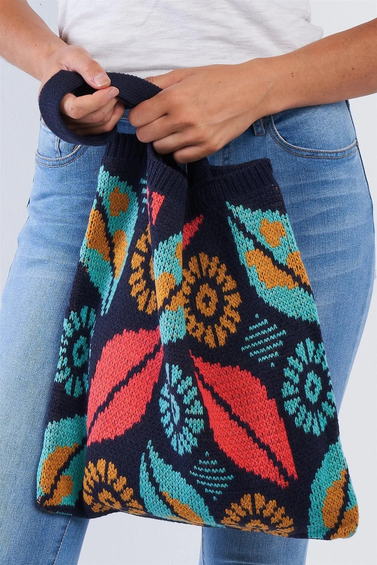 Navy Abstract Leaf Pattern Knit Boho Tote Bag /3 Bags - Tasha Apparel Wholesale