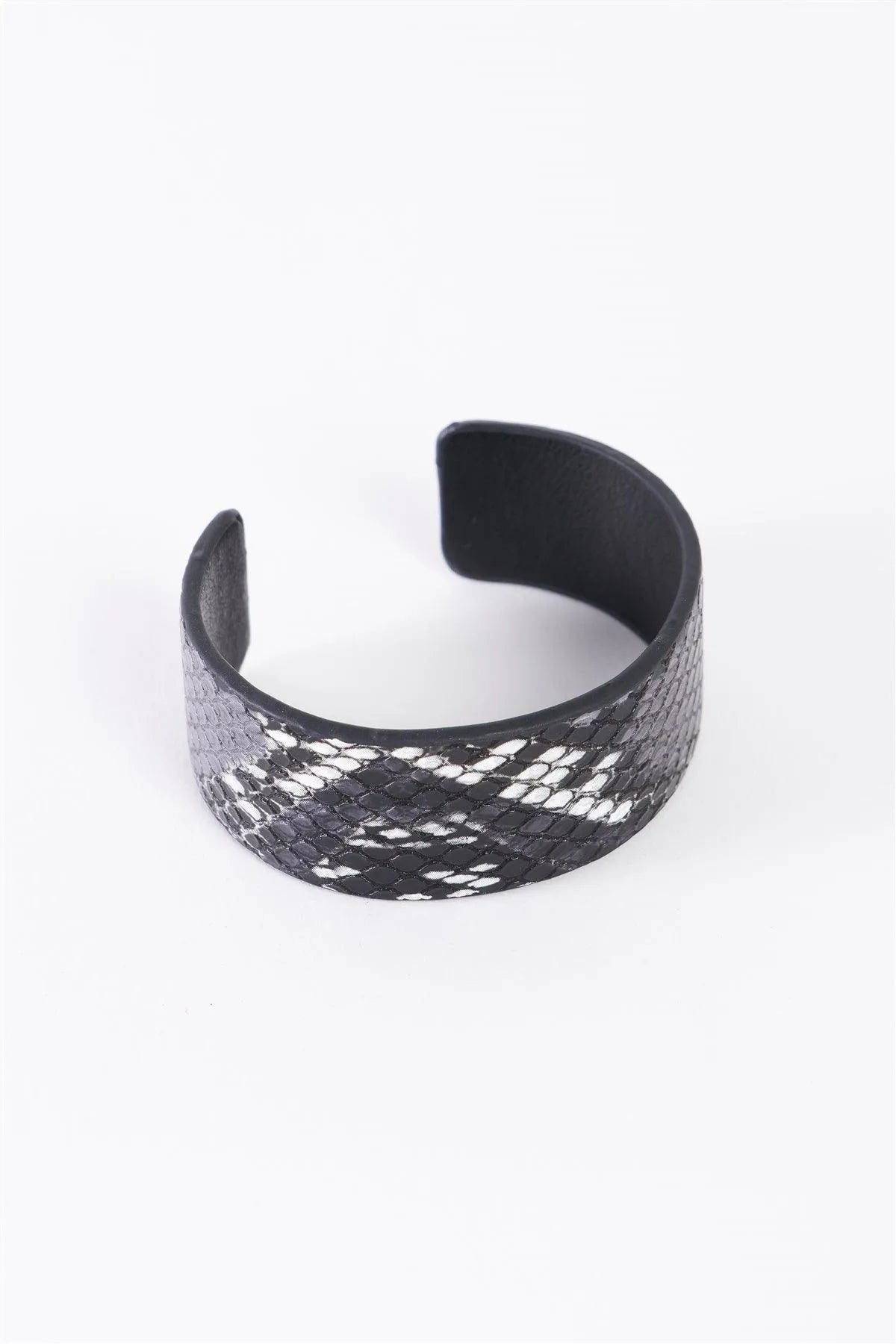 Black White Vegan Snakeskin Open Wide Cuff Bracelet - Tasha Apparel Wholesale