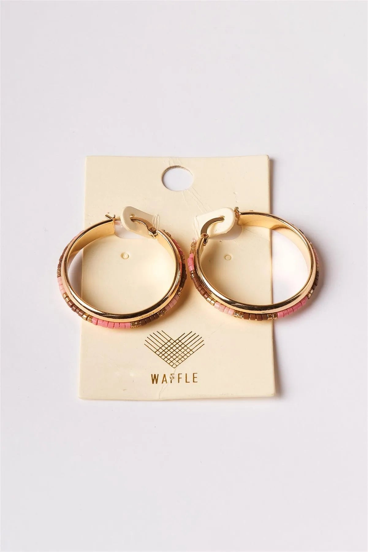 Pink Brown Beaded Accent Gold Hoop Earrings - Tasha Apparel Wholesale