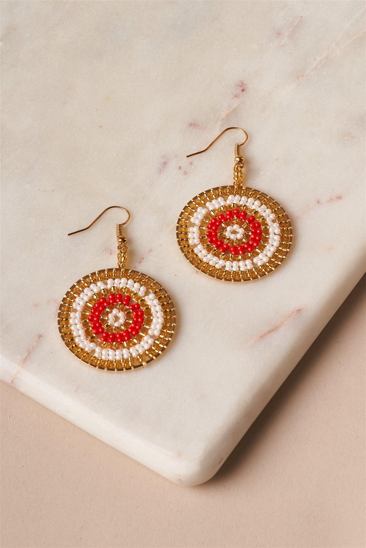 Gold Ivory Red Beaded Disc Drop Earrings /1 Pair