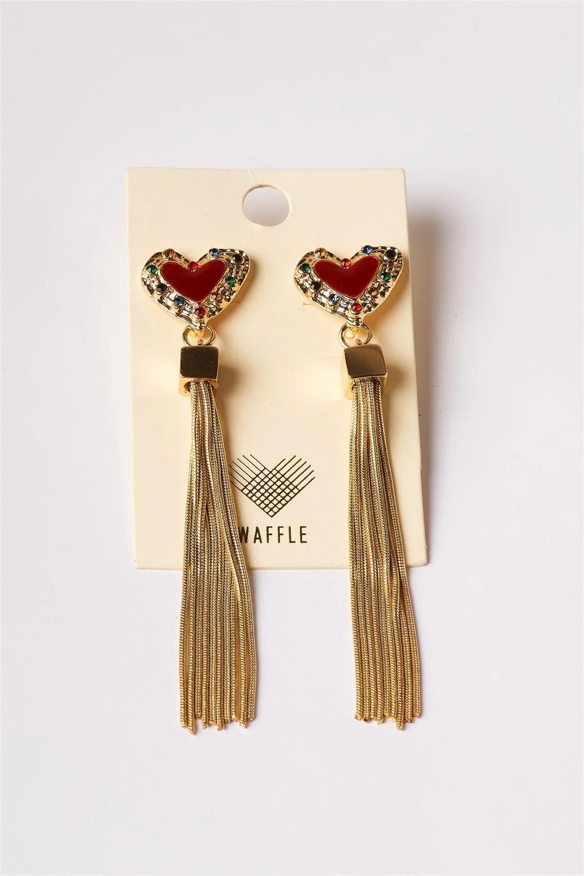 Red Gold Heart Chain Fringe Drop Earrings /1 Pair - Tasha Apparel Wholesale