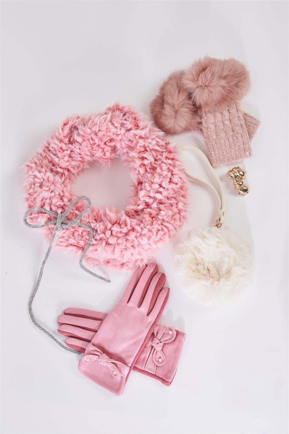 Pink Faux Suede Pearl Bow Detail Winter Gloves /3 Pieces