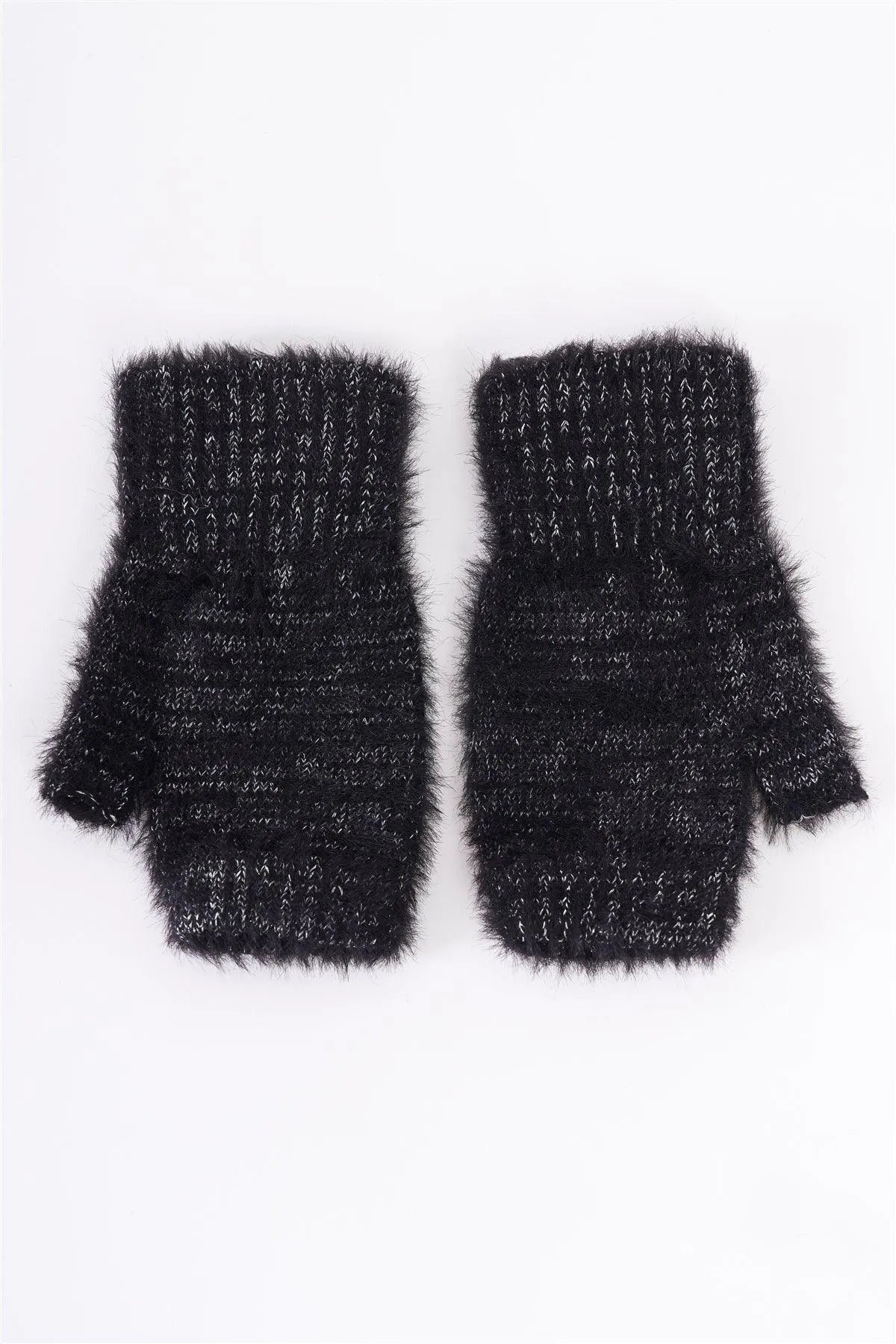 Black Silver Threading Rhinestone Star Embroidery Furry Fingerless Winter Gloves /3 Pieces - Tasha Apparel Wholesale