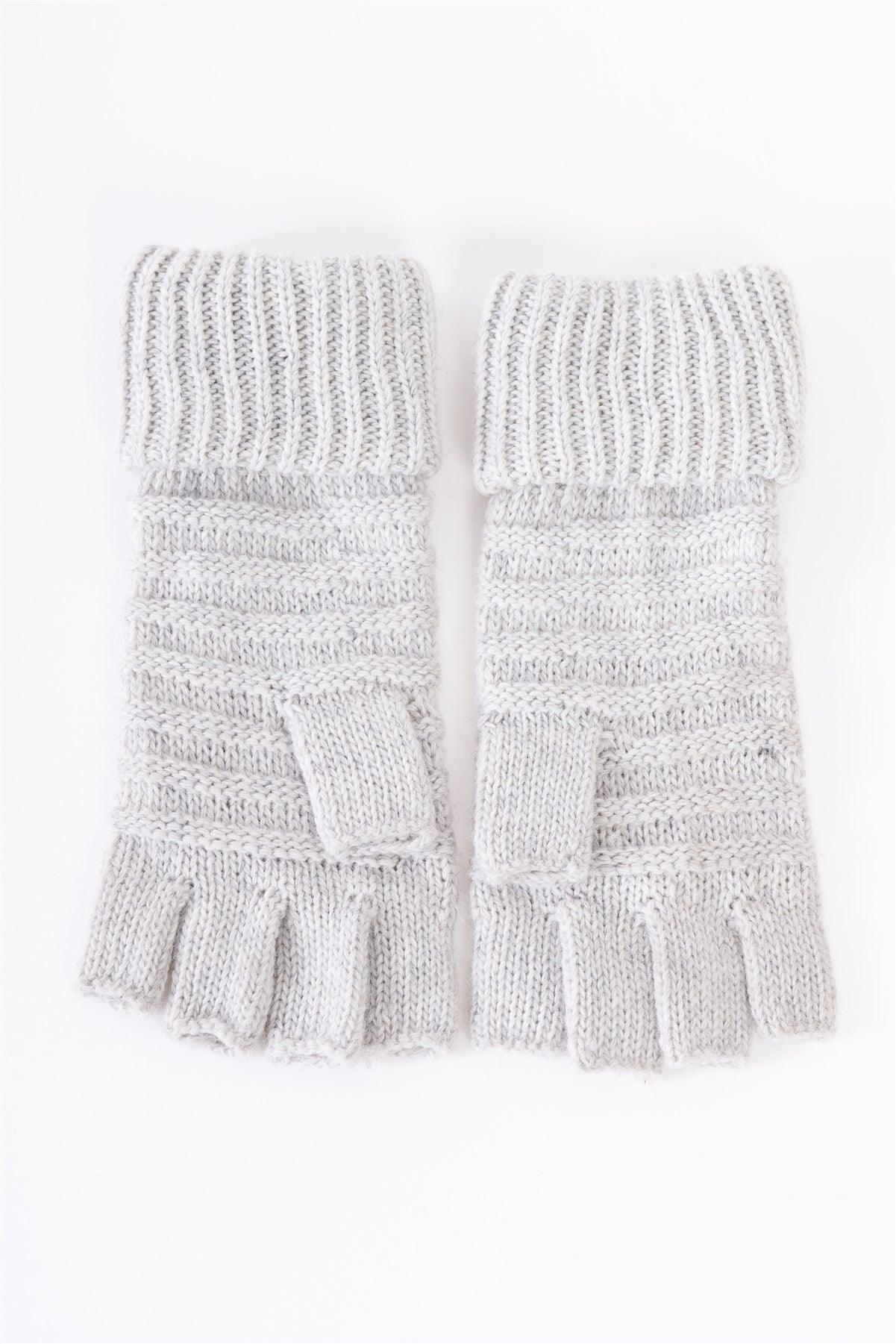 Grey Fingerless Button Detail Knit Winter Gloves /3 Pieces