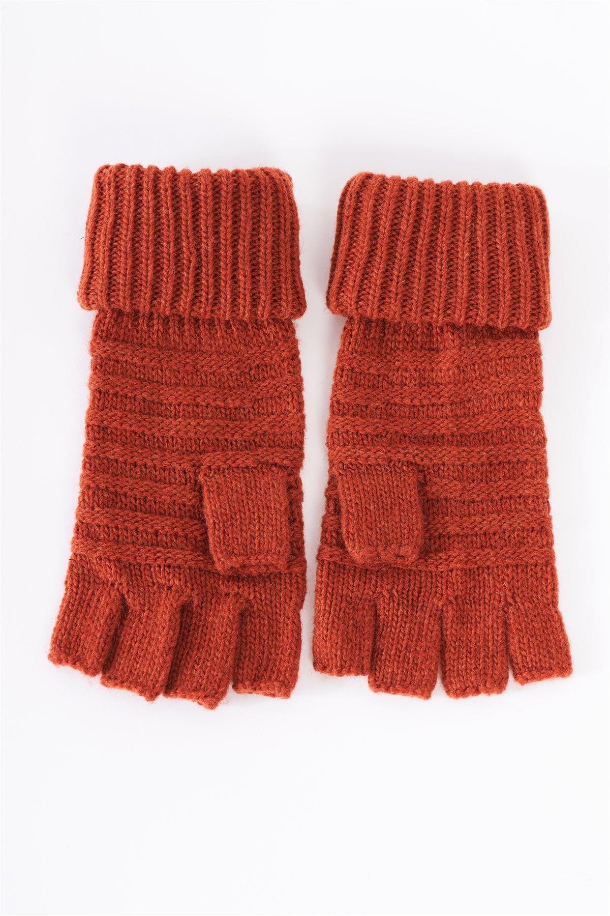 Rust Fingerless Button Detail Knit Winter Gloves /3 Pieces