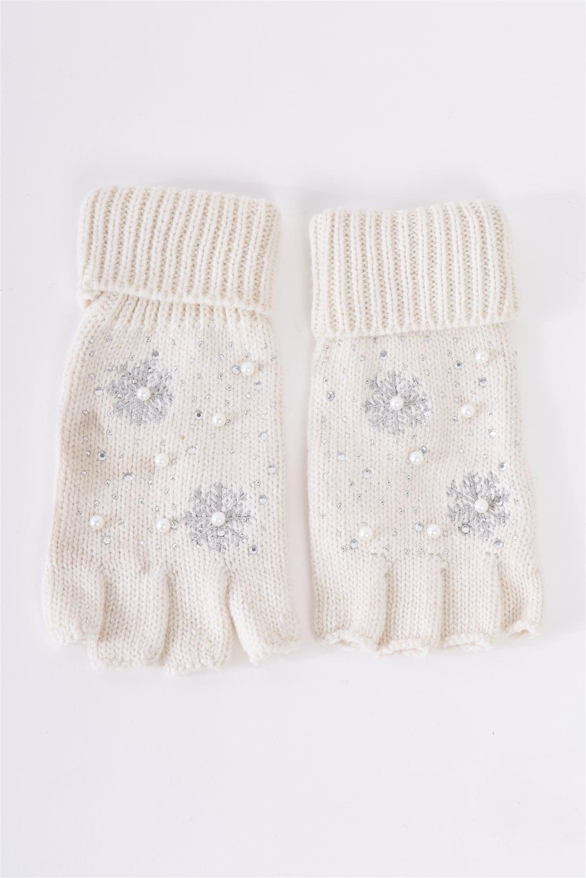 Ivory Fingerless Snowflakes Pearl Rhinestone Winter Gloves /2 Pieces