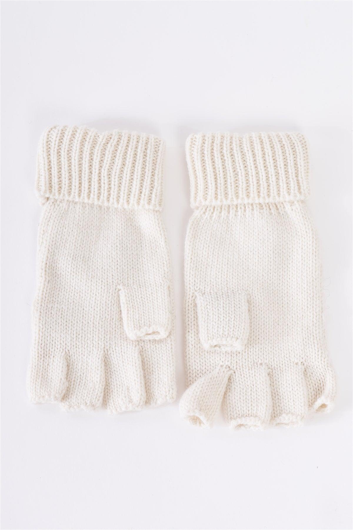 Ivory Fingerless Snowflakes Pearl Rhinestone Winter Gloves /2 Pieces