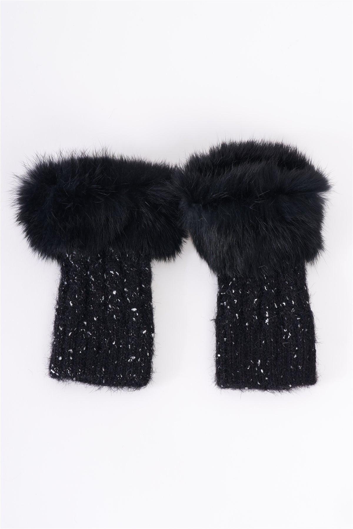Black Woven Furry Fingerless Two-Way Winter Gloves /3 Pieces