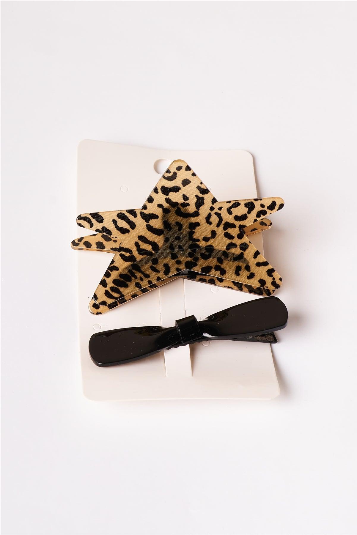 Cheetah Print Star Shaped Butterfly Clip With Black Bow Barrette /1 Pair