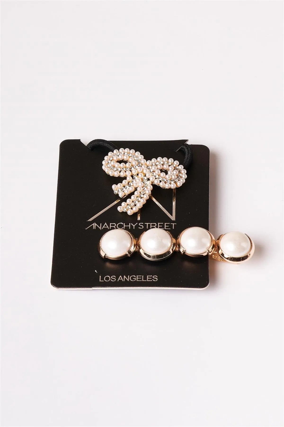 Pearl Bow Tie Hair Tie with Gold Pearl Hair Clip - Set of 2 - Tasha Apparel Wholesale