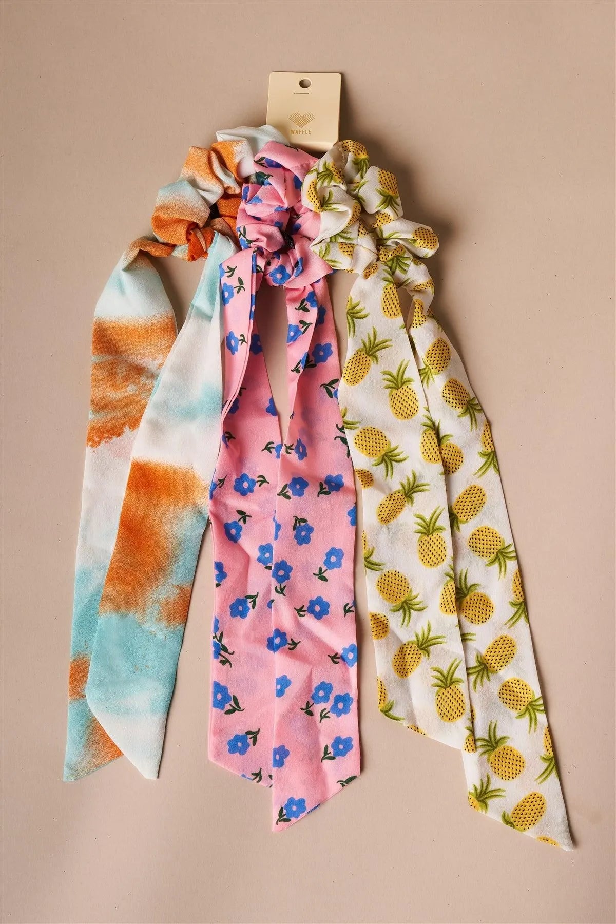 Multi-colored Playful Print Bow Tie Hair Scrunchies /12 Pack - Tasha Apparel Wholesale