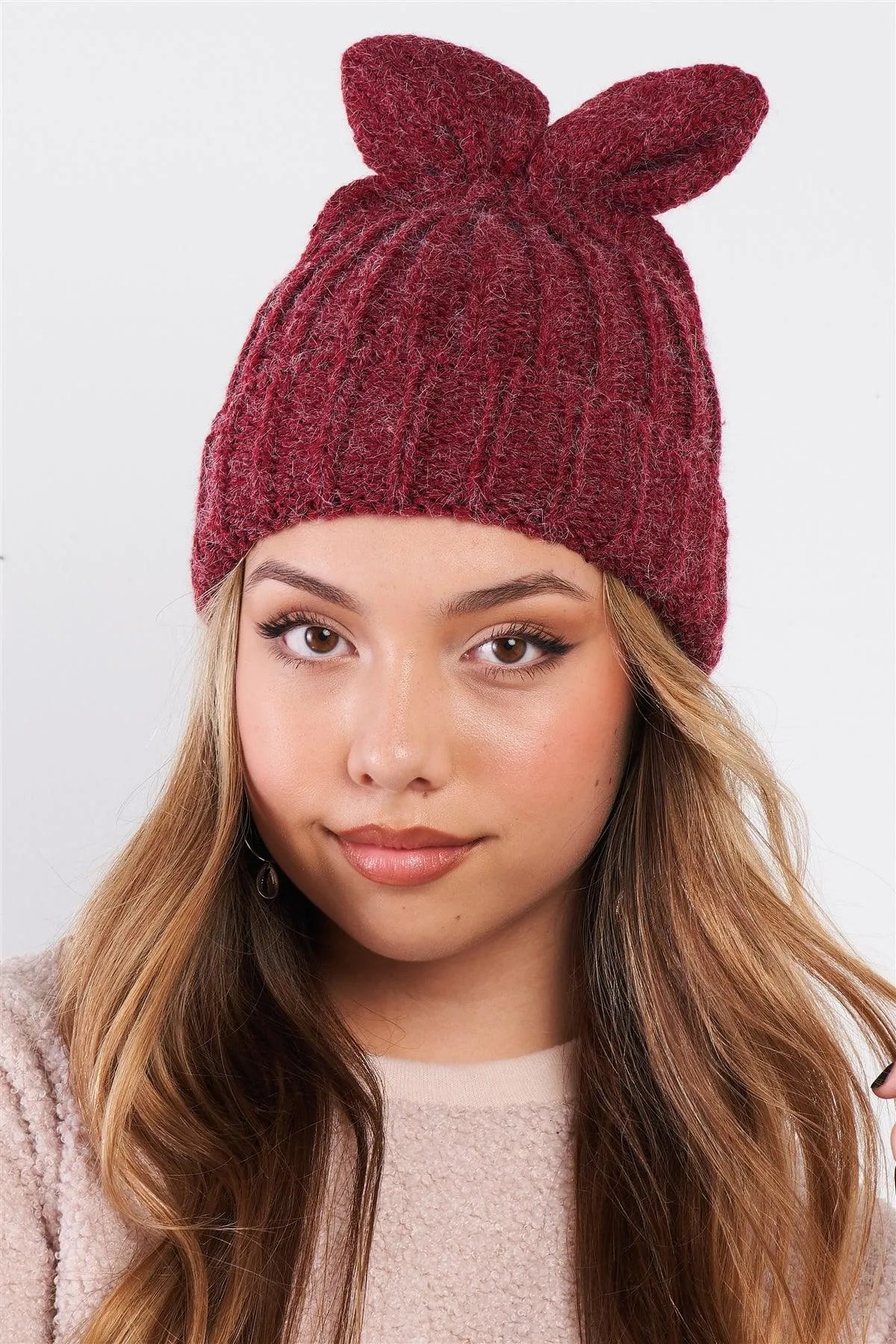 Burgundy Bunny Ears Detail Woven Winter Beanie /3 Pieces - Tasha Apparel Wholesale