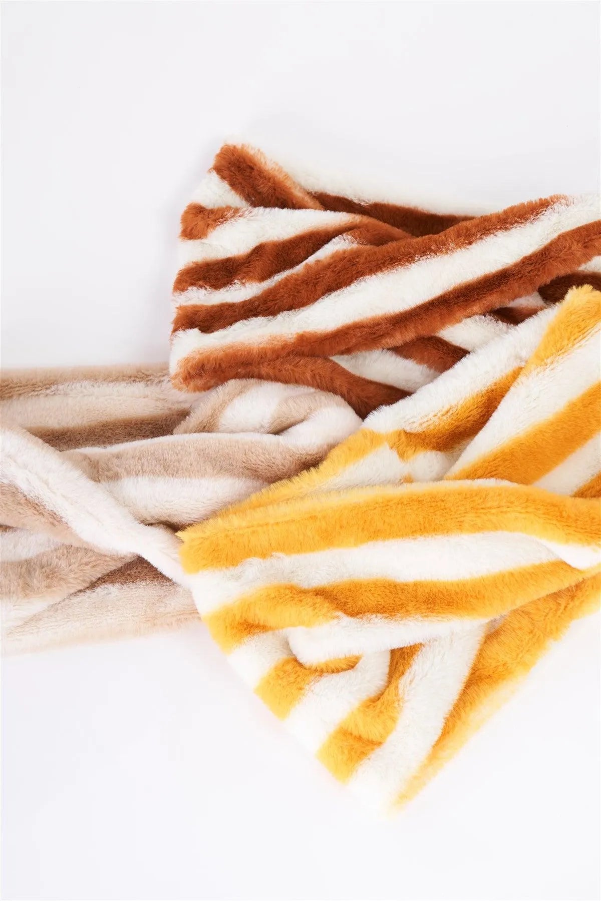 Striped Fuzzy Faux Fur Twisted Infinity Scarf /3 Pieces - Tasha Apparel Wholesale