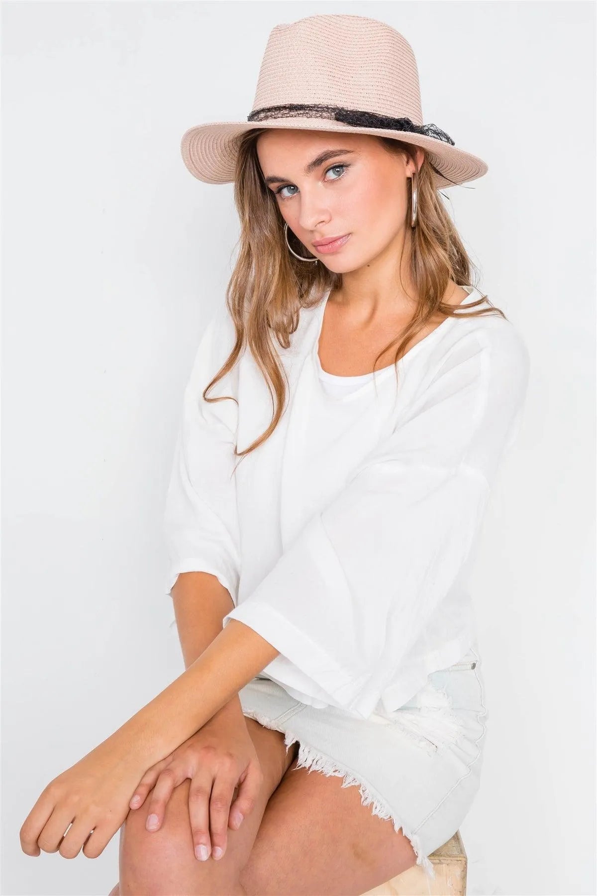 Pink Straw Bow-Tie Fedora Hat /3 Pieces - Tasha Apparel Wholesale