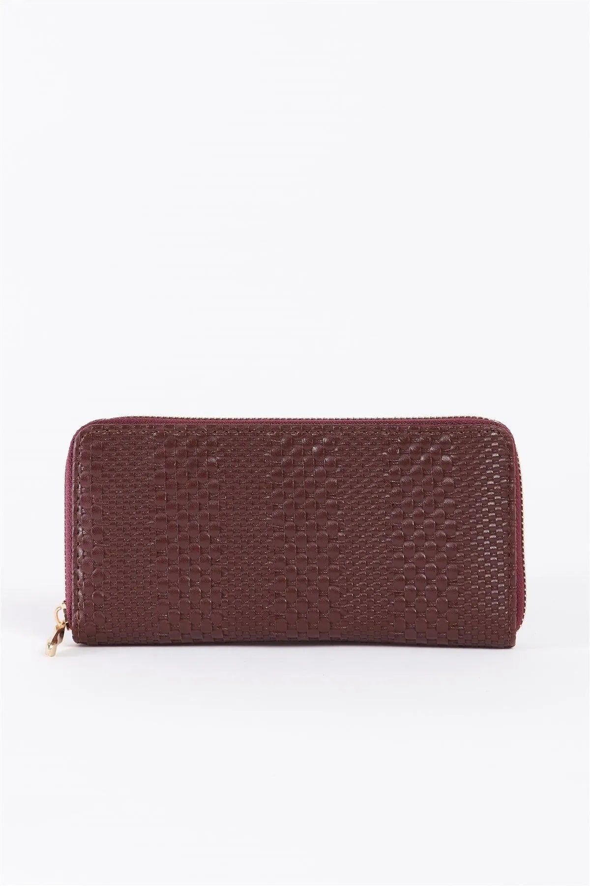 Taupe Mahogany Woven Texture Vegan Leather Zipper Wallet /3 Piece - Tasha Apparel Wholesale