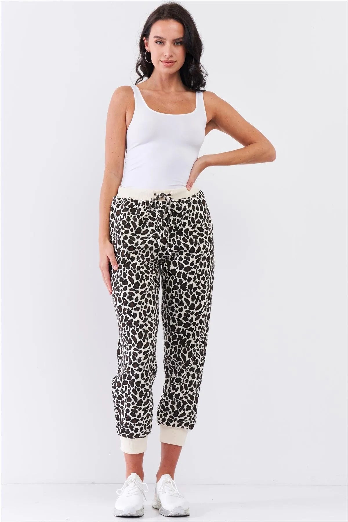 Ivory & Black Leopard High Waisted Rib Waist And Cuff Drawstring On The Waist Two Side Pocket Oversized Jogger Pants /3-2-1 - Tasha Apparel Wholesale