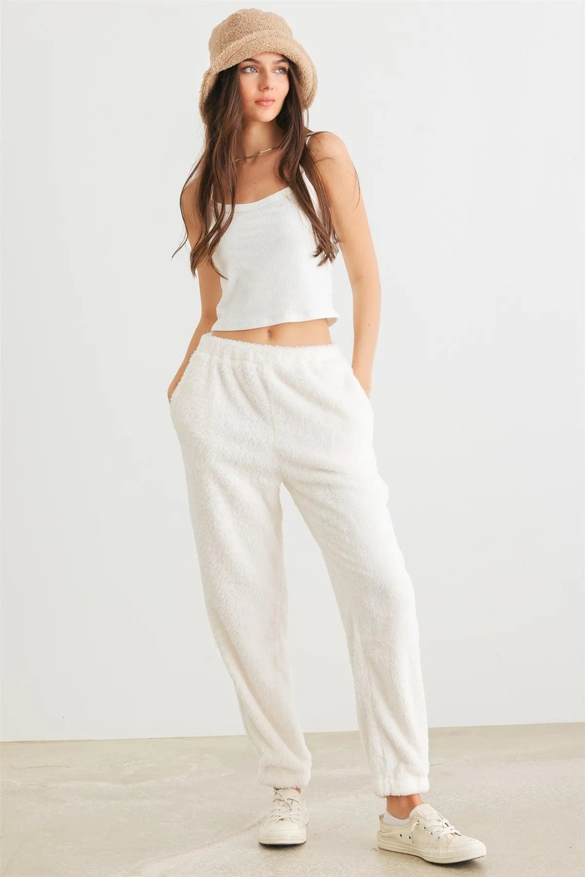 Ivory Fuzzy Knit Two Pocket High Waist Pants /2-2-2 - Tasha Apparel Wholesale