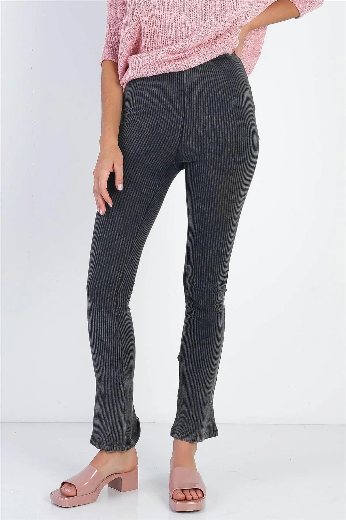 Charcoal Washed Cotton Ribbed Flare Legging Pants /3-2-1 - Tasha Apparel Wholesale