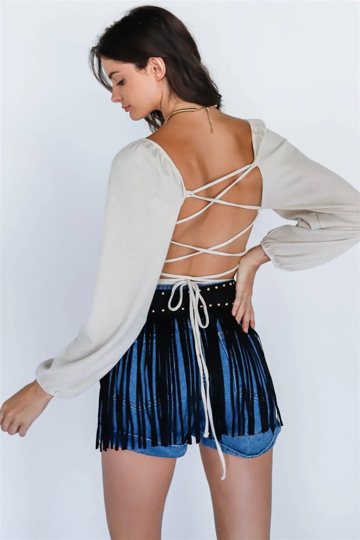 Denim Cotton High Rise Shorts & Faux Suede Fringe Studded Belt Set /3-2-1 - Tasha Apparel Wholesale