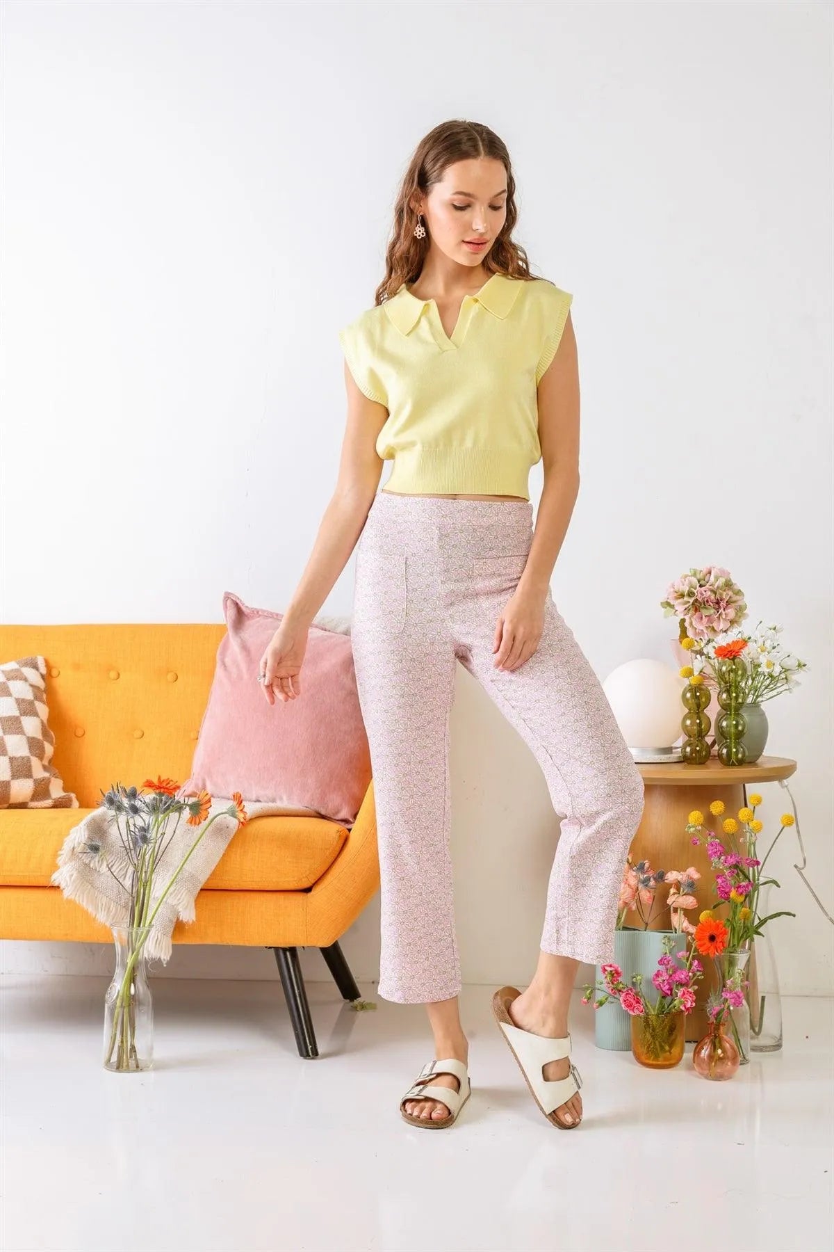 Pink & Cream Chamomile Print Two Pocket High Waist Pants /3-2-1 - Tasha Apparel Wholesale