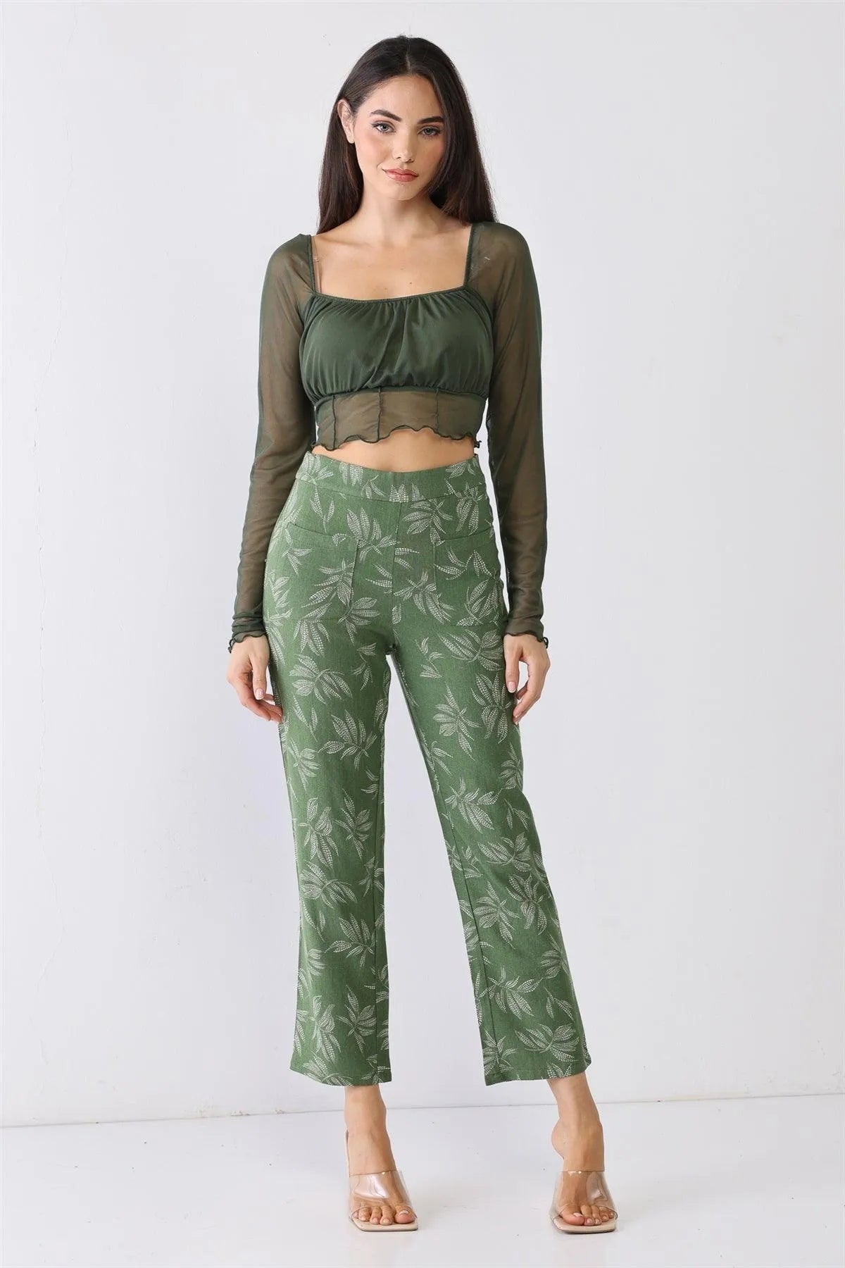 Green Floral Print High Waist Two Pocket Pants /3-2-1 - Tasha Apparel Wholesale